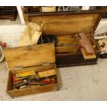 2 stained pine toolboxes and a canvas bag, containing assorted Vintage tools