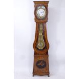 An Antique French 8-day comptoise clock, with enamelled dial, in painted pine case, H228cm