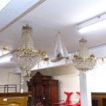A pair of 6-branch gilt-metal chandeliers with lustre drops