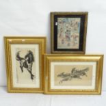 A Chinese watercolour on paper, interior scene, framed, and 2 woodblock prints, horse studies,