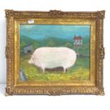 Carol Maddison, contemporary oil on board, pig in farmyard, signed, framed, overall 35cm x 40cm