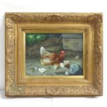 Oil on board, chicken and chicks, indistinctly signed, framed, overall 56cm x 67cm