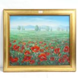 Contemporary oil on canvas, poppy meadow, indistinctly signed, framed, overall 63cm x 74cm