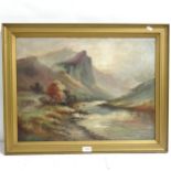 19th century oil on canvas, panoramic mountain view, gilt-framed, overall 56cm x 70cm