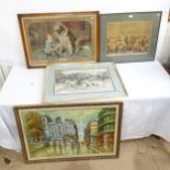 A Victorian Pears print, oil on canvas, street scene, and 2 others, all framed (4)