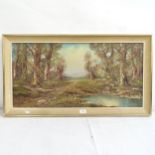 Aldo Mantovani, oil on canvas, panoramic woodland view, framed, overall 49cm x 90cm