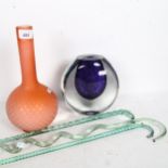 A satin glass vase, 30cm, 3 glass twist ornamental walking sticks, and a heavy Art glass vase