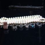 6 various stone set rings, some silver, and 2 silver-mounted pearl necklaces