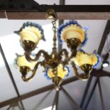A 5-branch brass chandelier, with coloured glass shades, 44cm across
