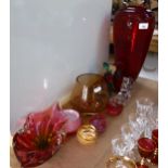 Red glass vase, 34cm, Caithness and other paperweights, glass animals etc