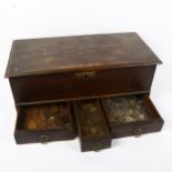 An 18th century oak table-top mule chest, with secret peg locking drawers below, H18cm, W48cm, D24cm