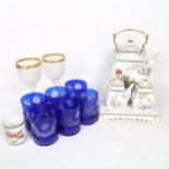 A set of 6 blue overlay tumblers, height 10cm, a pair of wine goblets, and a Franklin Mint