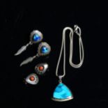 A pair of silver and coral earrings, turquoise and silver-mounted pendant necklace etc
