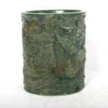 A green stained resin 'Dragon and Phoenix' brush pot, height 15cm