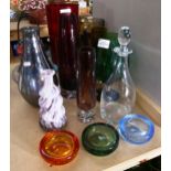 Decorative glass vases, tallest 31cm, a decanter, 3 Whitefriars dishes etc