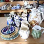 A collection of jugs, including Royal Doulton and Rye Pottery, tallest 31cm, and decorative plates