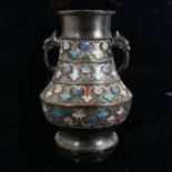 A Chinese patinated bronze and cloisonne enamel vase, Hu, height 30cm