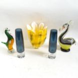 A pair of blue glass vases, 23.5cm, an Art glass vase, a cockerel, and a Murano glass bird