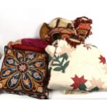 2 Kashmiri ware cushions, and others, quilt etc