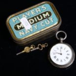 A key-wind chrome plate pocket watch, white enamel dial and Roman numerals
