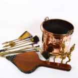 A Victorian copper and brass cylinder coal bucket, and various fireside tools