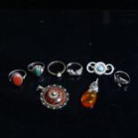 6 various stone set dress rings, some silver, 2 silver-mounted necklaces etc