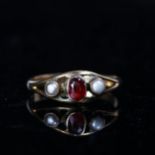 A 9ct gold ruby and split pearl ring, size I