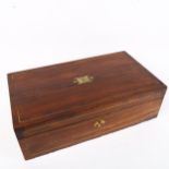A 19th century brass inlaid rosewood travelling folding writing slope, with brass plaque and