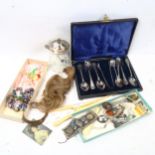 A silver-topped preserve jar and cover, ivory glove stretchers, plated ware, costume jewellery,