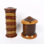 A treen stacking 4-section spice tower, and a wood turned string box dispenser, largest height