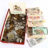 Various world coins and banknotes, including 19th century, hop tokens, Premium Savings Bond etc (