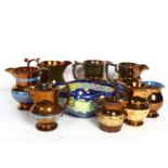 Copper lustre jugs, a Malingware bowl etc