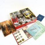 Various world coins and banknotes, Fremlin's Hop Pickers Account Book, tokens etc (boxful)