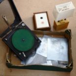 A butler's bell box, portable turntable, lamp etc