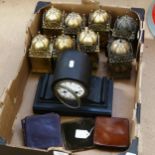 8 miniature brass lantern clocks, slate drum mantel clock etc