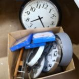 A boxful and new and modern quartz clocks, largest 55cm