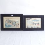 A pair of Japanese colour prints, theatre and river scenes, 9" x 13", framed