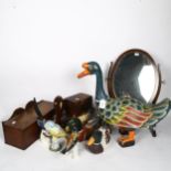 A group of carved and painted wood ducks, tallest 44cm, Russian porcelain magpie, a swing toilet