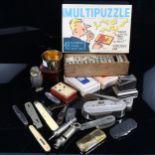 Various collectables, including Hudson ARP whistle, collapsible beaker, cigar cutter, and a