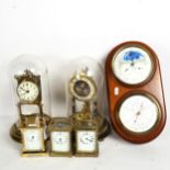 A barometer, 3 carriage clocks, and 2 x 400-day clocks with glass domes, tallest 30cm