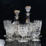 A group of ale drinking glasses, and 2 mallet decanters