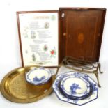 Sussex plaque, tea tray, engraved brass dish, trivet, and Royal Doulton Norfolk pattern fruit set