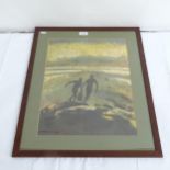 Carter Jones, print on fabric, figures in landscape, framed, overall 59cm x 49cm