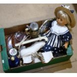 Fagan ice skates, German beerstein, doll etc (boxful)