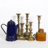 5 brass candlesticks, an enamel coffee pot and lacquer tea caddy, height 11.5cm