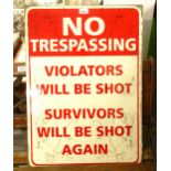 A lithographed tin sign, No Trespassing, H71cm, W50cm