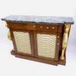 A Regency rosewood break-front credenza, with shaped marble top, single frieze drawer, mesh panelled