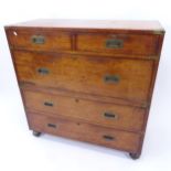 A brass-bound teak 2-section campaign chest of 2 short and 3 long drawers, W99cm, H101cm, D45cm