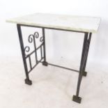 A rectangular grey and white marble-top garden table, on cast-iron base, W68cm, H65cm, D47cm