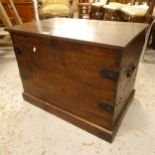 A stained pine and steel-bound blanket chest, W83cm, H47cm, D42cm